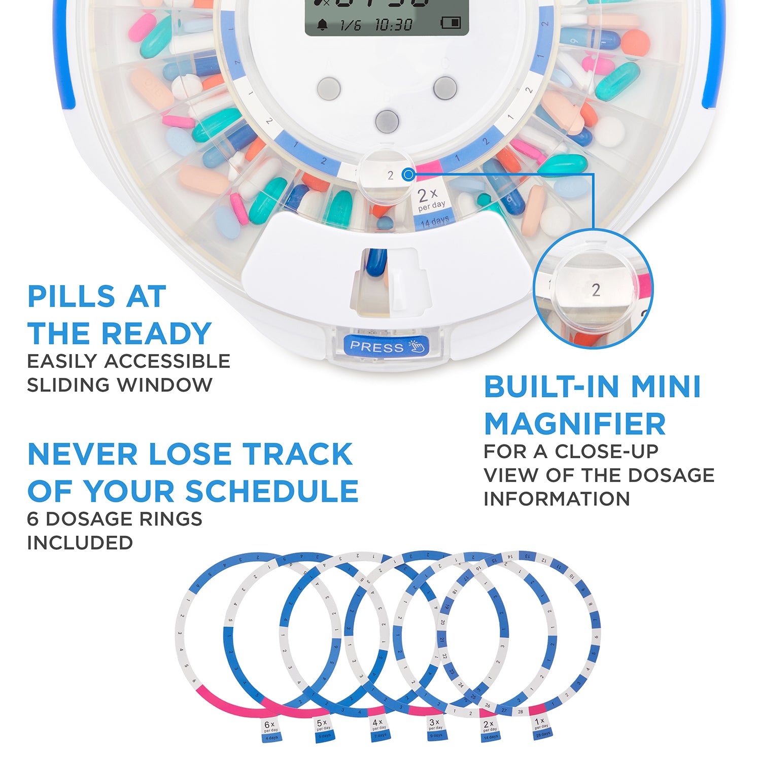 Pill Loading Automatic Pill Dispenser with Clear Lid | Up to 6 Doses Per Day | AA B ...